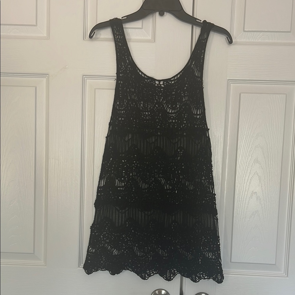 Elegant Mini Black Lace intricate Crochet See Through Swim Coverup